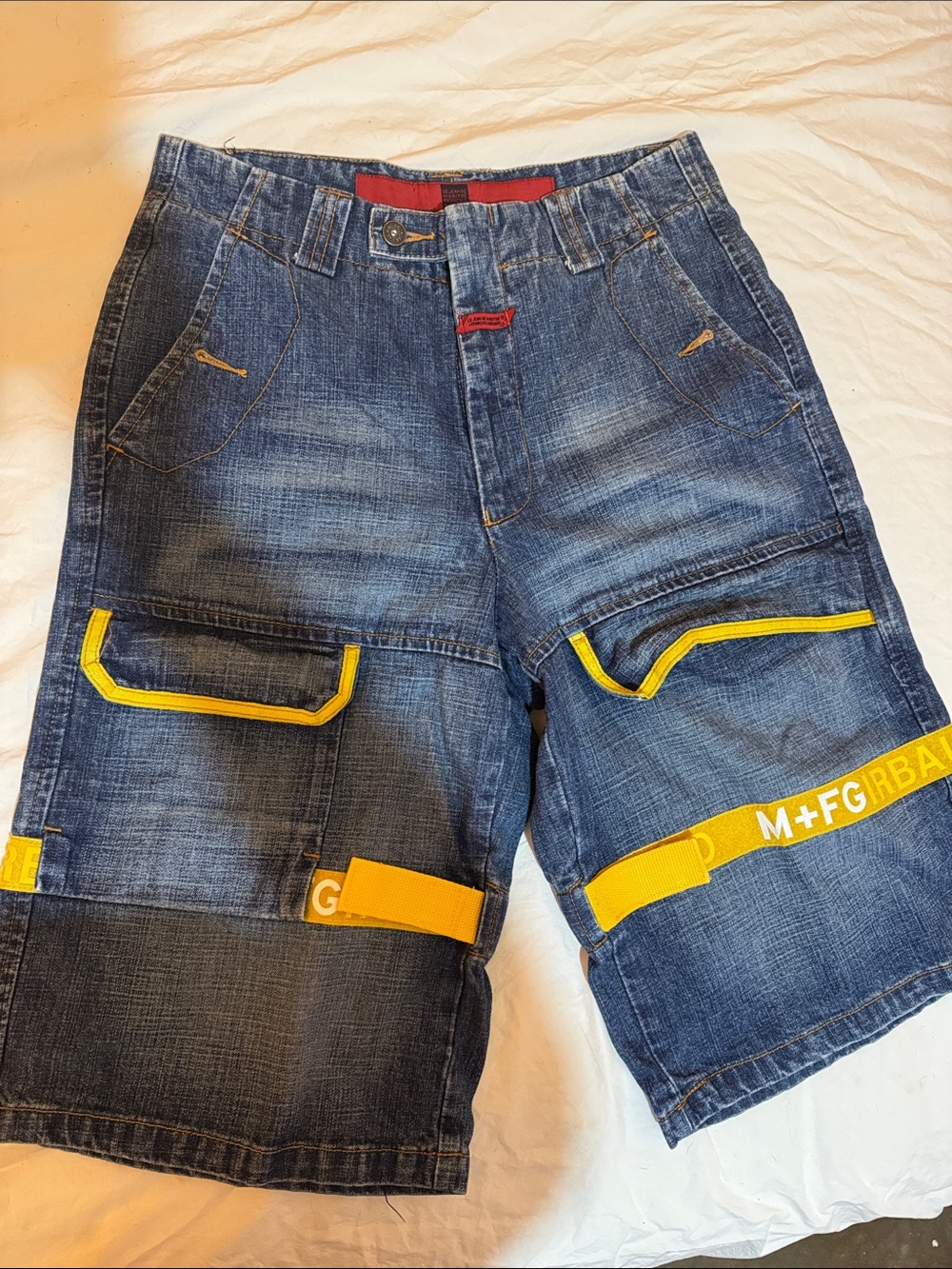 Marithe Francois Girbaud Denim Cargo Shorts with Yellow Trim